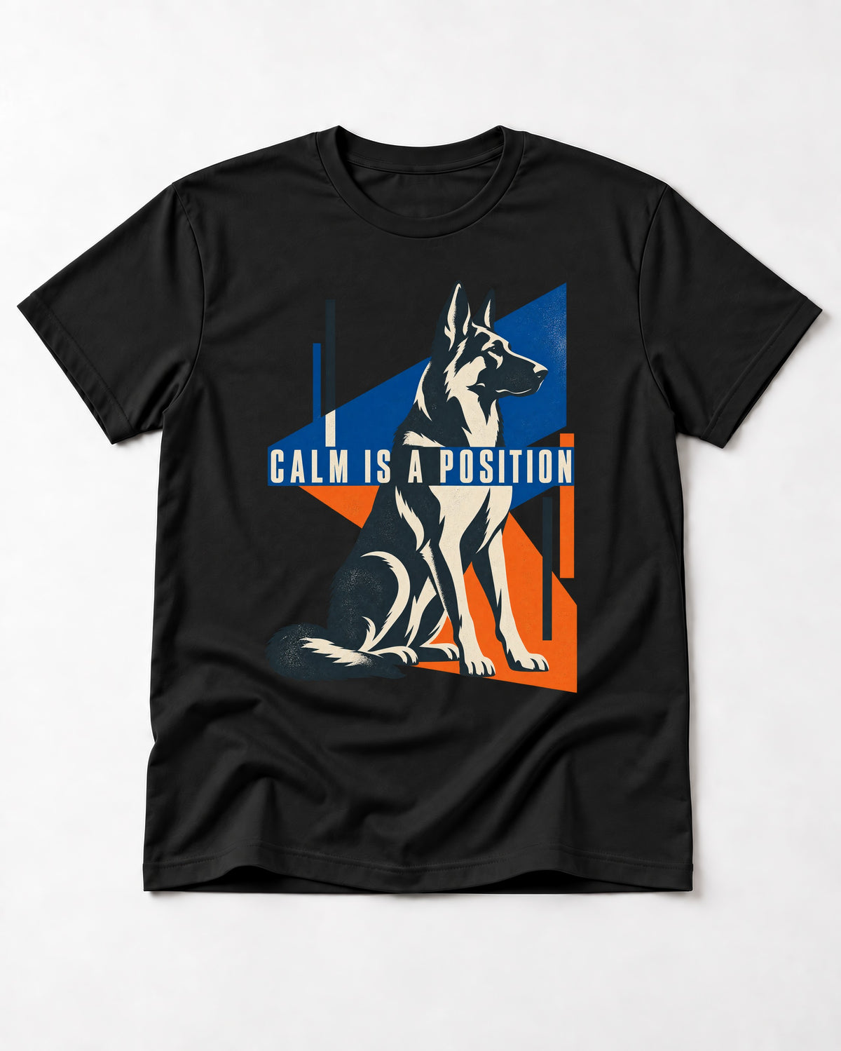 Calm Is A Position Geometric German Shepherd Dog Graphic T-Shirt in Black, flat lay product photo