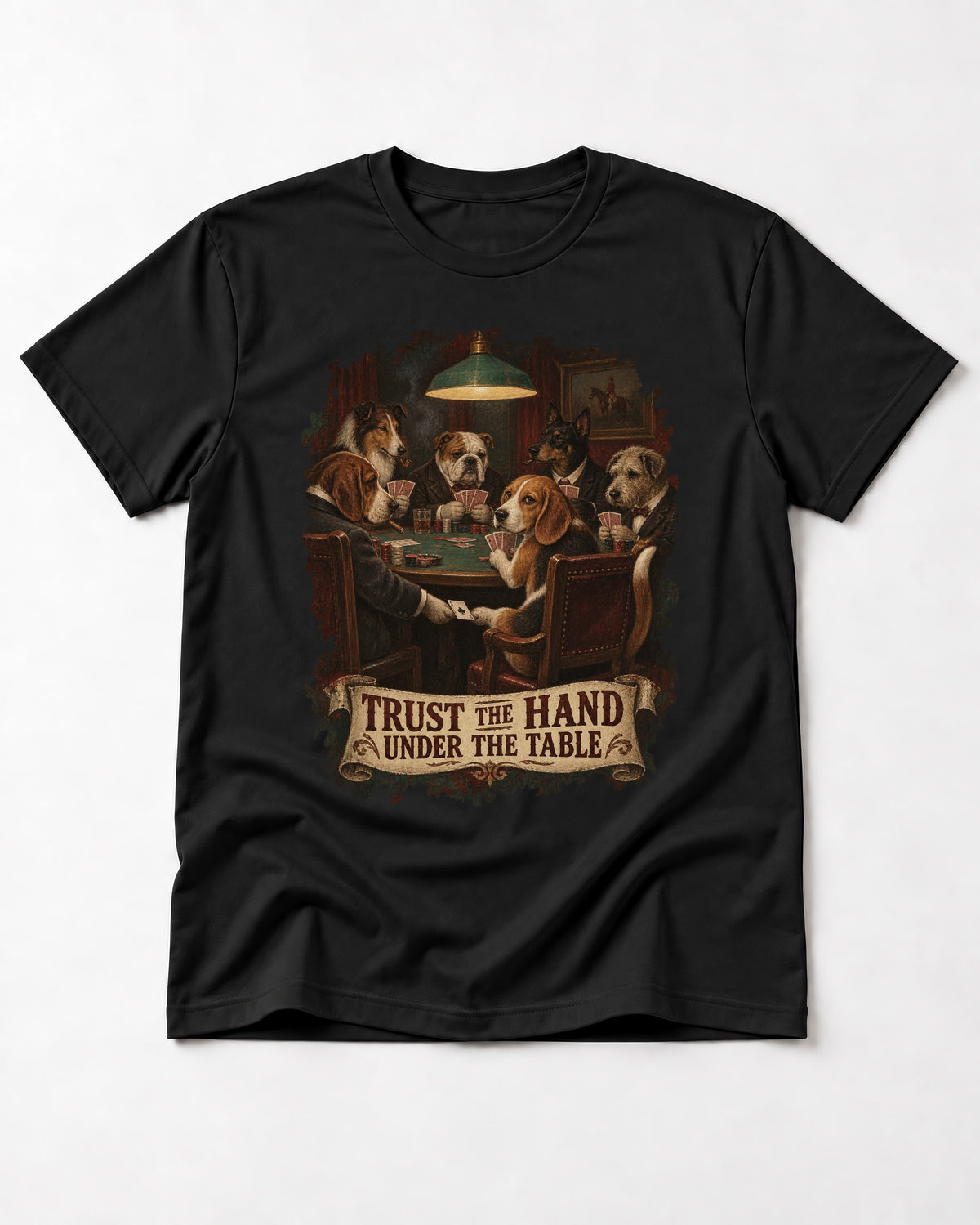 Trust The Hand Under The Table Beagle Poker Night T-Shirt in Black, flat lay product photo