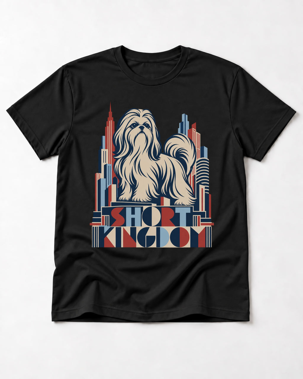 Shih Tzu Short Kingdom Art Deco Skyline Graphic T-Shirt in Black, flat lay product photo