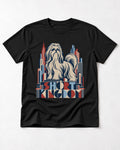 Shih Tzu Short Kingdom Art Deco Skyline Graphic T-Shirt in Black, flat lay product photo
