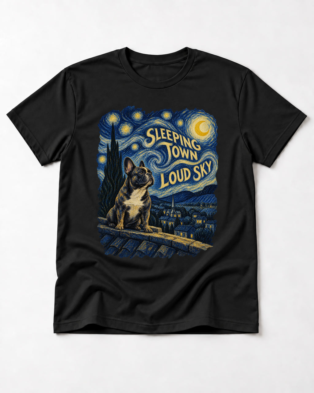 Frenchie Sleeping Town Loud Sky Rooftop Graphic T-Shirt in Black, flat lay product photo