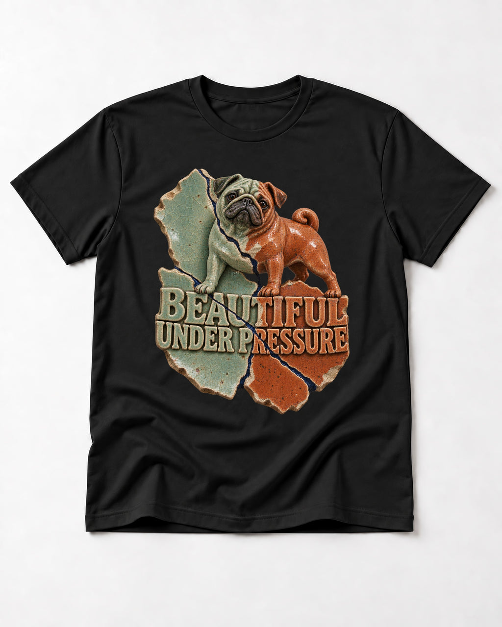 Pug Beautiful Under Pressure Cracked Ceramic Graphic T-Shirt in Black, flat lay product photo