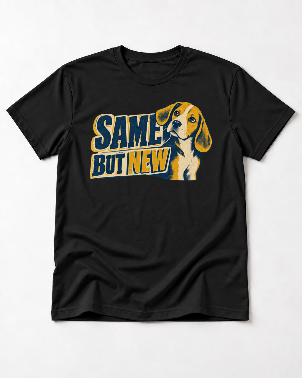 Same Beagle But New T-Shirt in Black, flat lay product photo