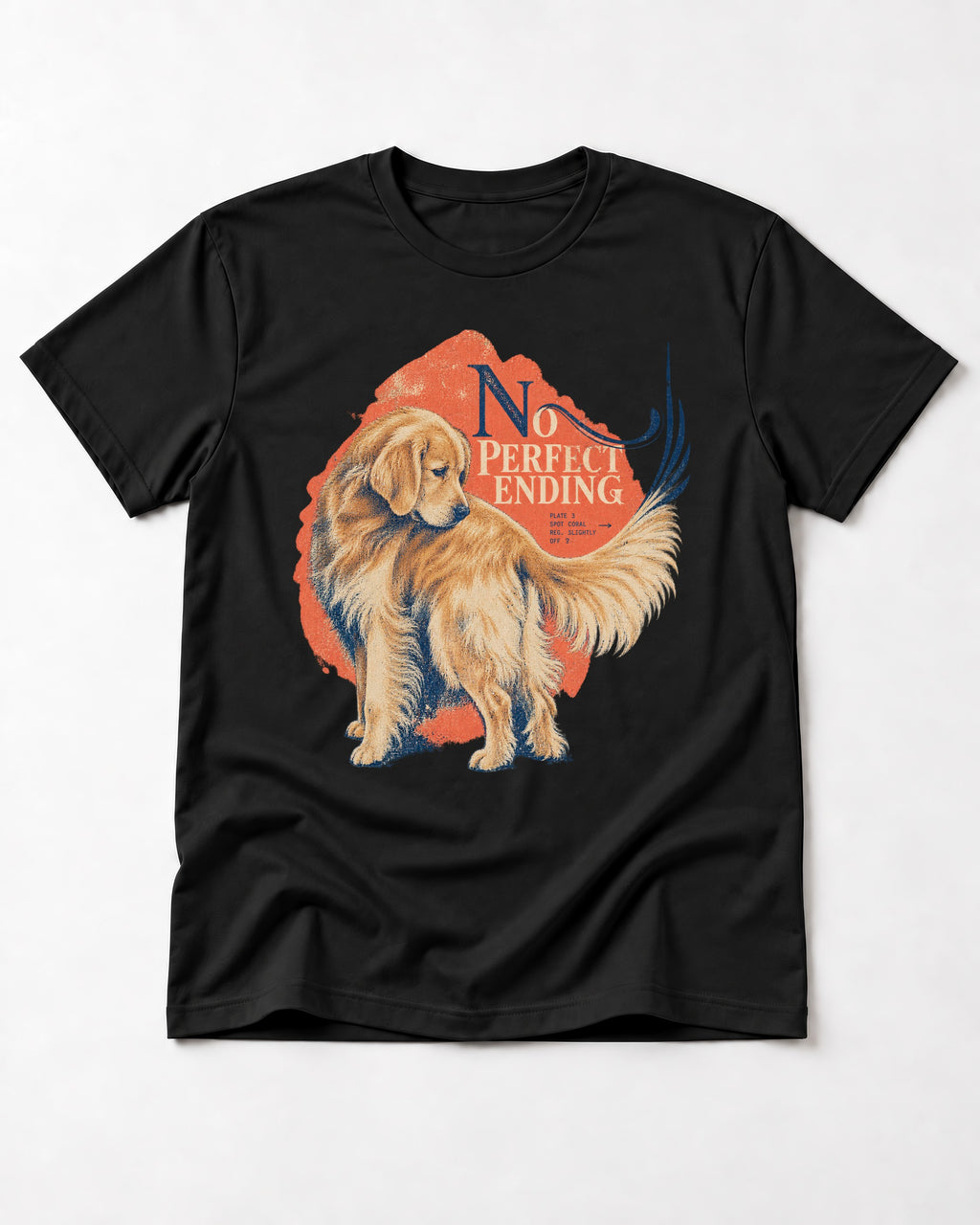 Golden Retriever No Perfect Ending Misregistration Graphic T-Shirt in Black, flat lay product photo