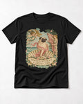 Pug Arrived Without a Dress Code Venus Parody Graphic T-Shirt in Black, flat lay product photo