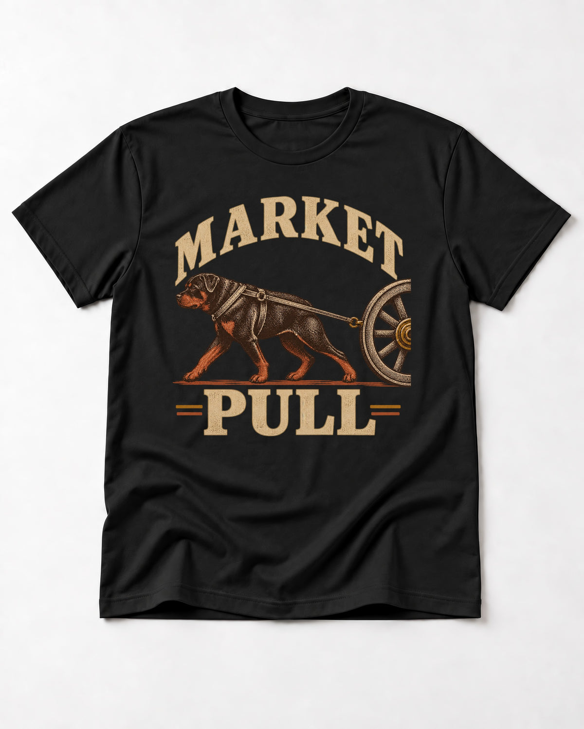Market Pull Rottweiler Cart Harness Graphic T-Shirt in Black, flat lay product photo