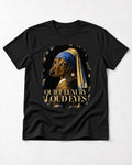 Dachshund Quiet Luxury Loud Eyes Pearl Portrait Graphic T-Shirt in Black, flat lay product photo
