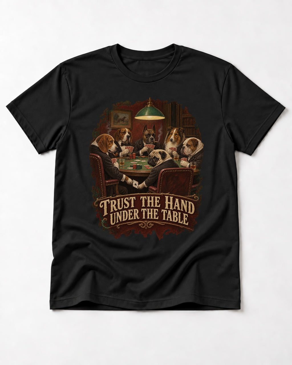 Pug Trust the Hand Under the Table Poker Graphic T-Shirt in Black, flat lay product photo