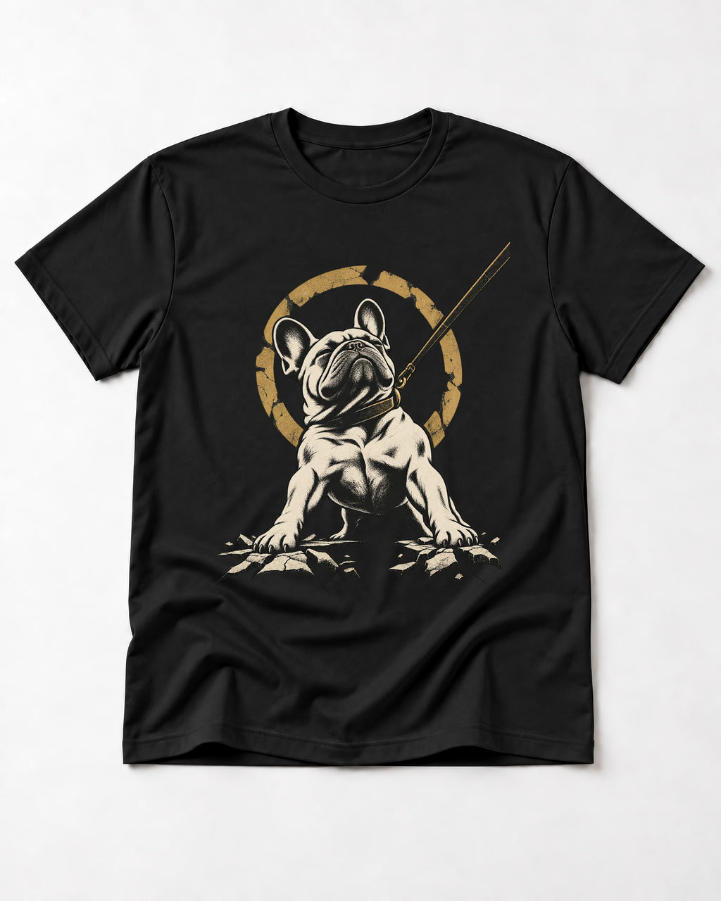 Frenchie Stubborn Leash Monument Graphic T-Shirt in Black, flat lay product photo