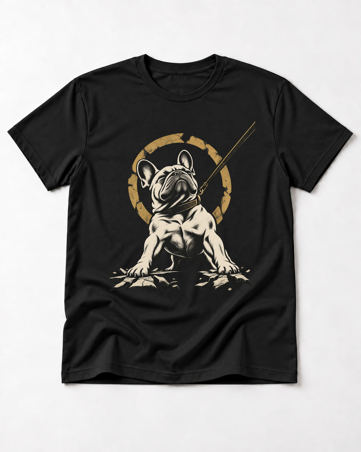 Frenchie Stubborn Leash Monument Graphic T-Shirt in Black, flat lay product photo