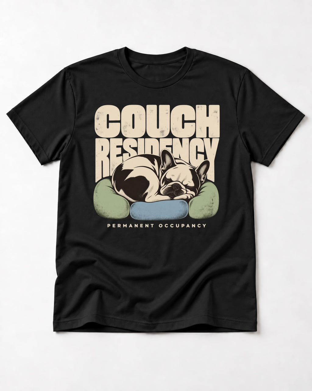 Frenchie Couch Residency Permanent Occupancy Cushion Graphic T-Shirt in Black, flat lay product photo