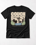 Frenchie Couch Residency Permanent Occupancy Cushion Graphic T-Shirt in Black, flat lay product photo