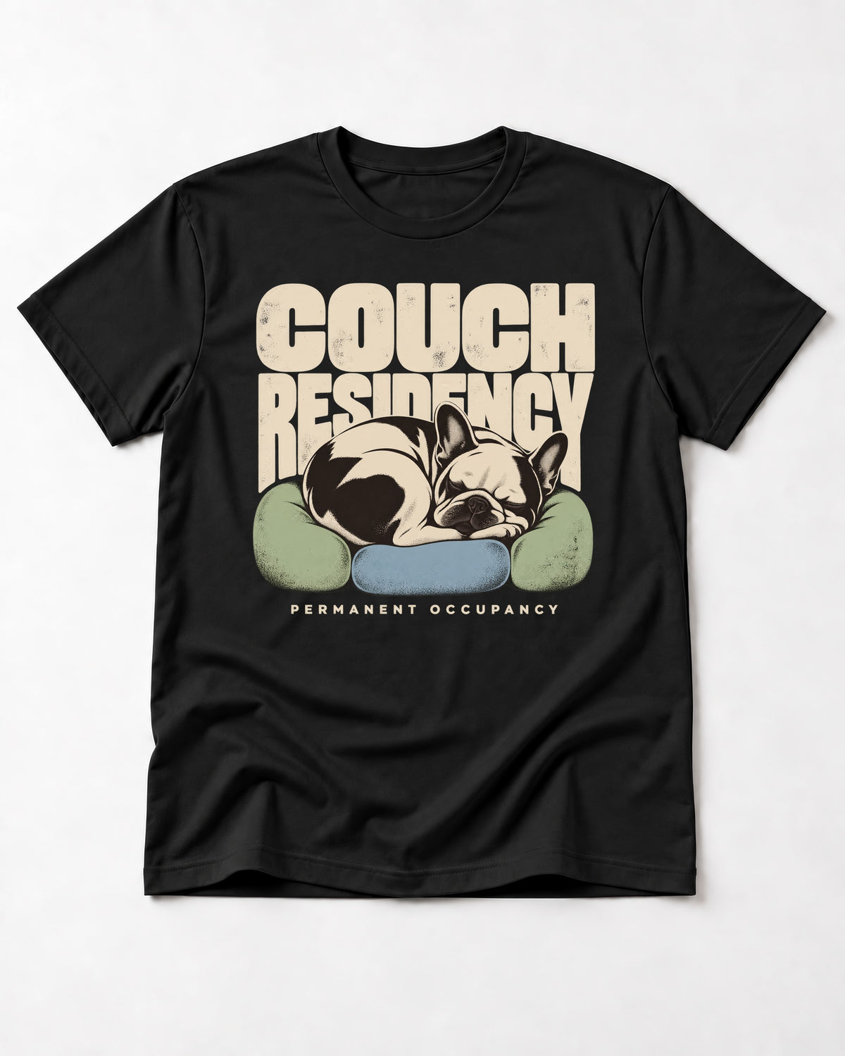 Frenchie Couch Residency Permanent Occupancy Cushion Graphic T-Shirt in Black, flat lay product photo
