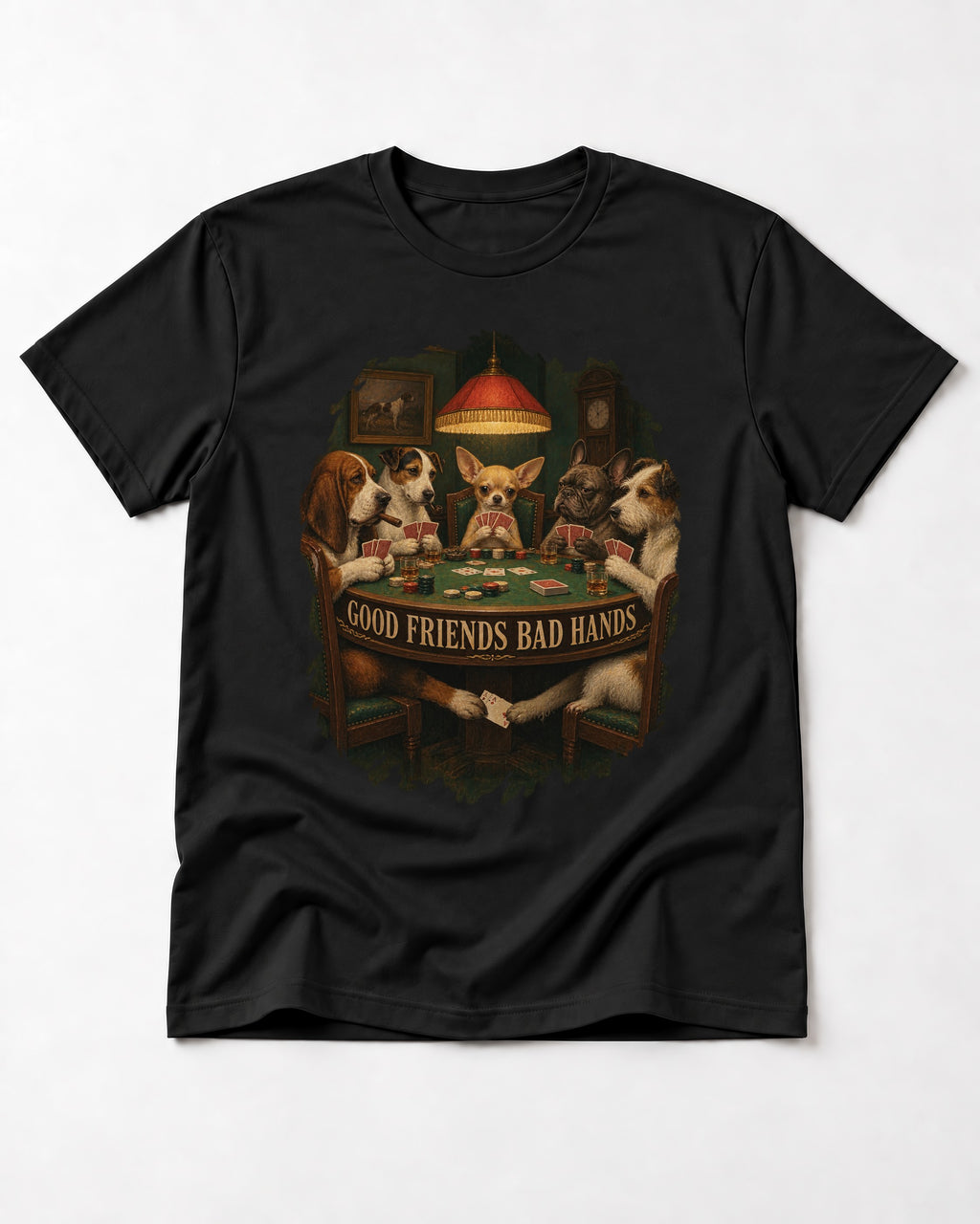 Good Friends Bad Hands Chihuahua Poker Scene T-Shirt in Black, flat lay product photo