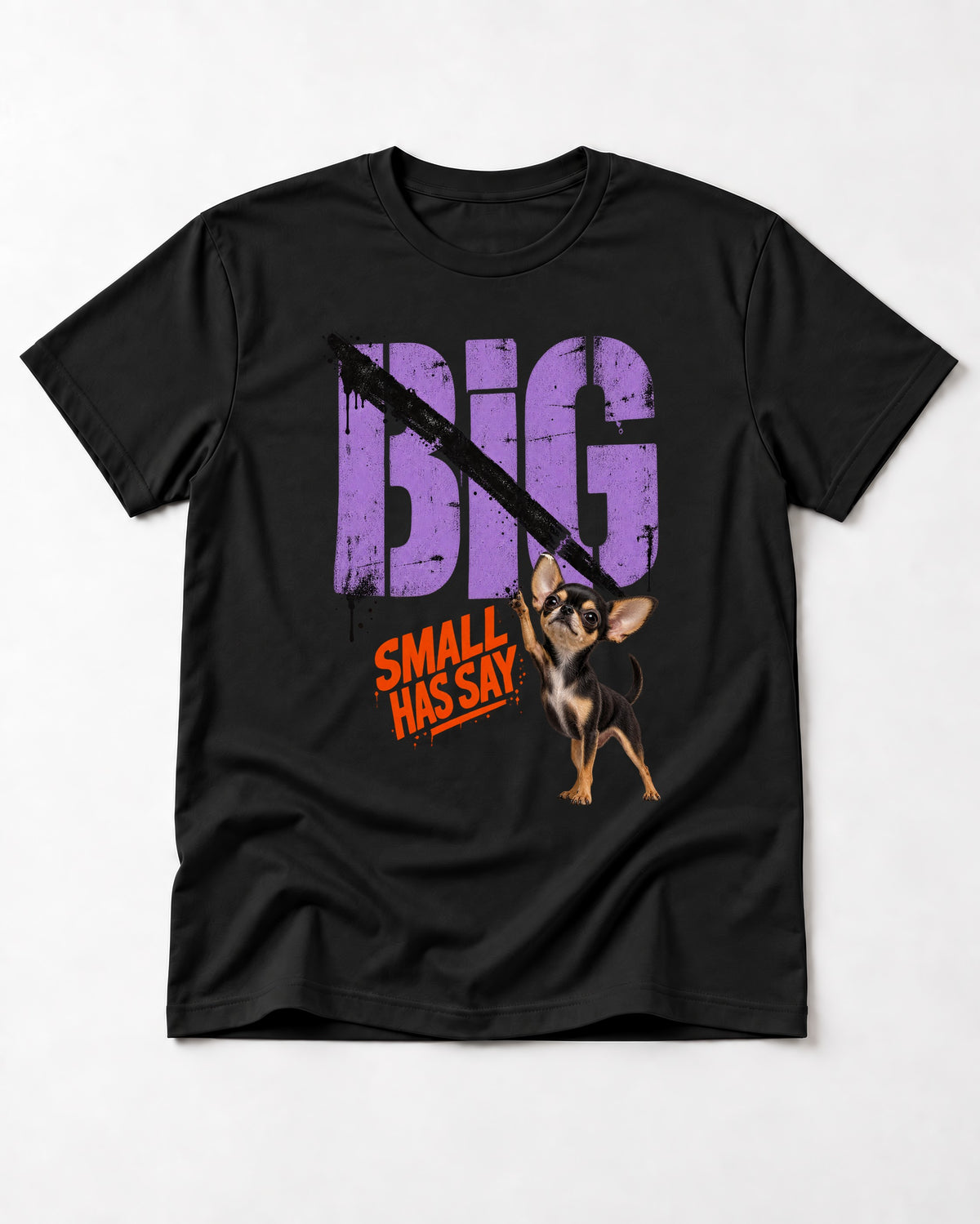 Chihuahua Big Small Has Say Diagonal Slash Graphic T-Shirt in Black, flat lay product photo