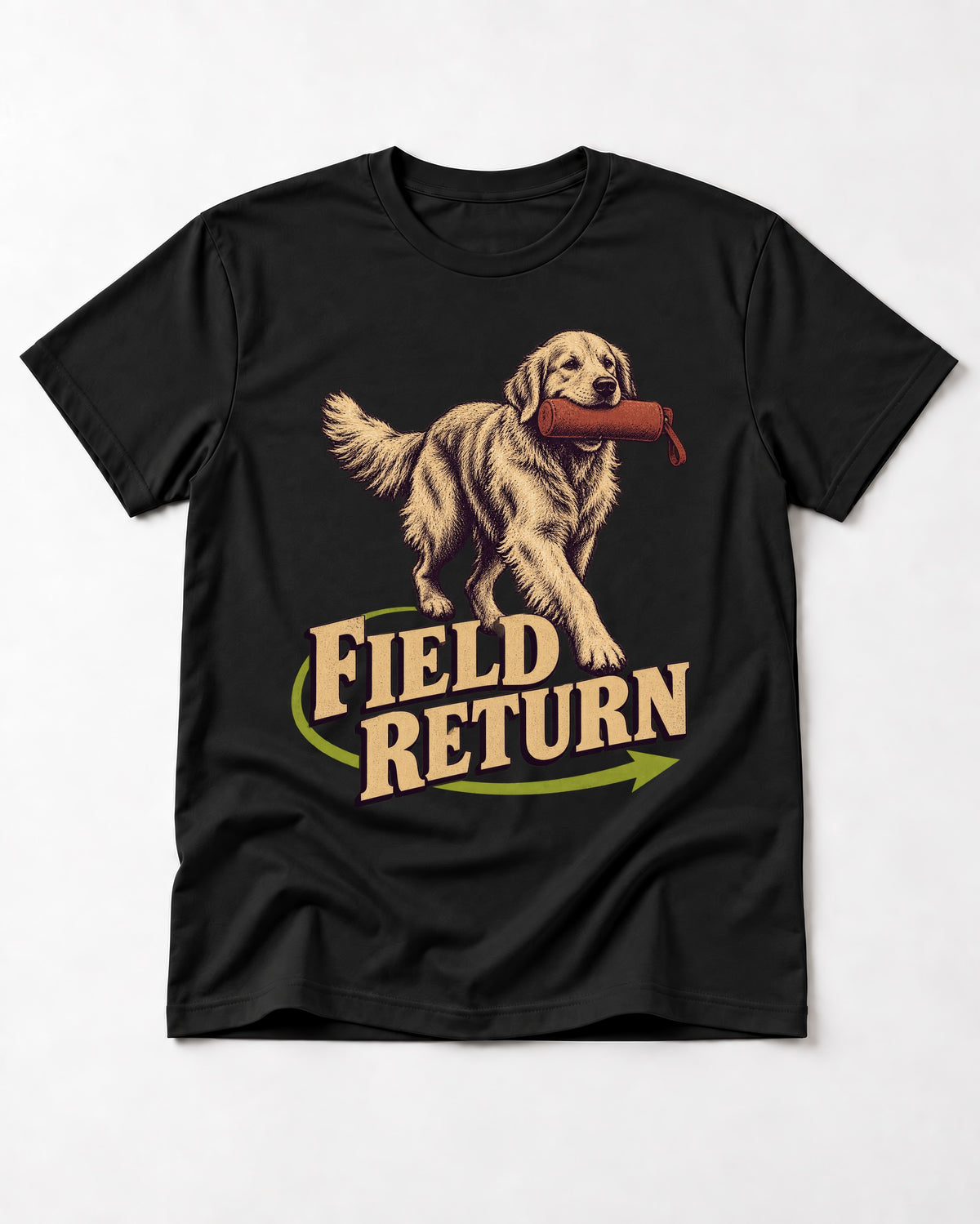 Golden Retriever Field Return Training Dummy Graphic T-Shirt in Black, flat lay product photo