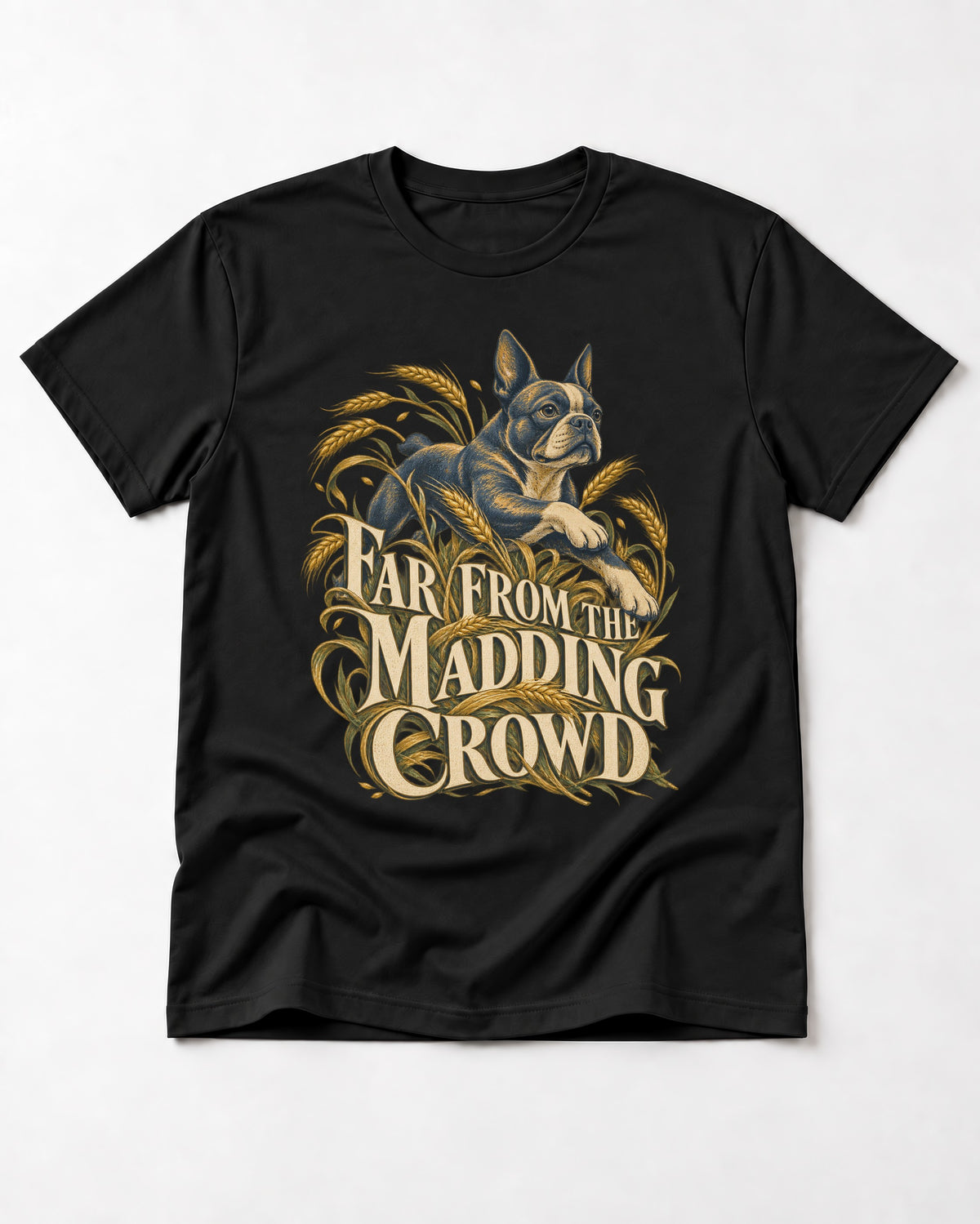 Far From the Madding Crowd Boston Terrier T-Shirt in Black, flat lay product photo