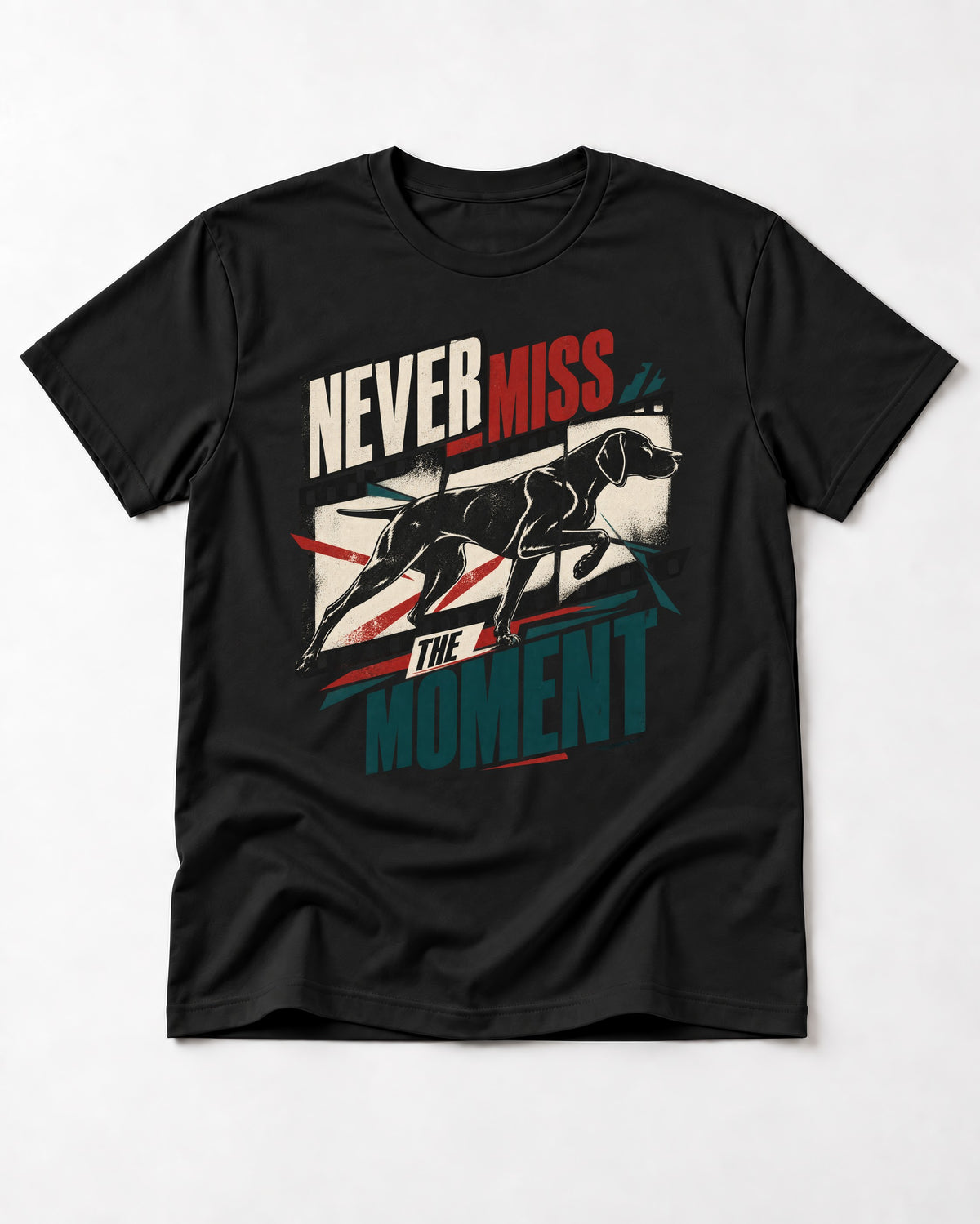 German Shorthaired Pointer Never Miss the Moment Filmstrip Graphic T-Shirt in Black, flat lay product photo