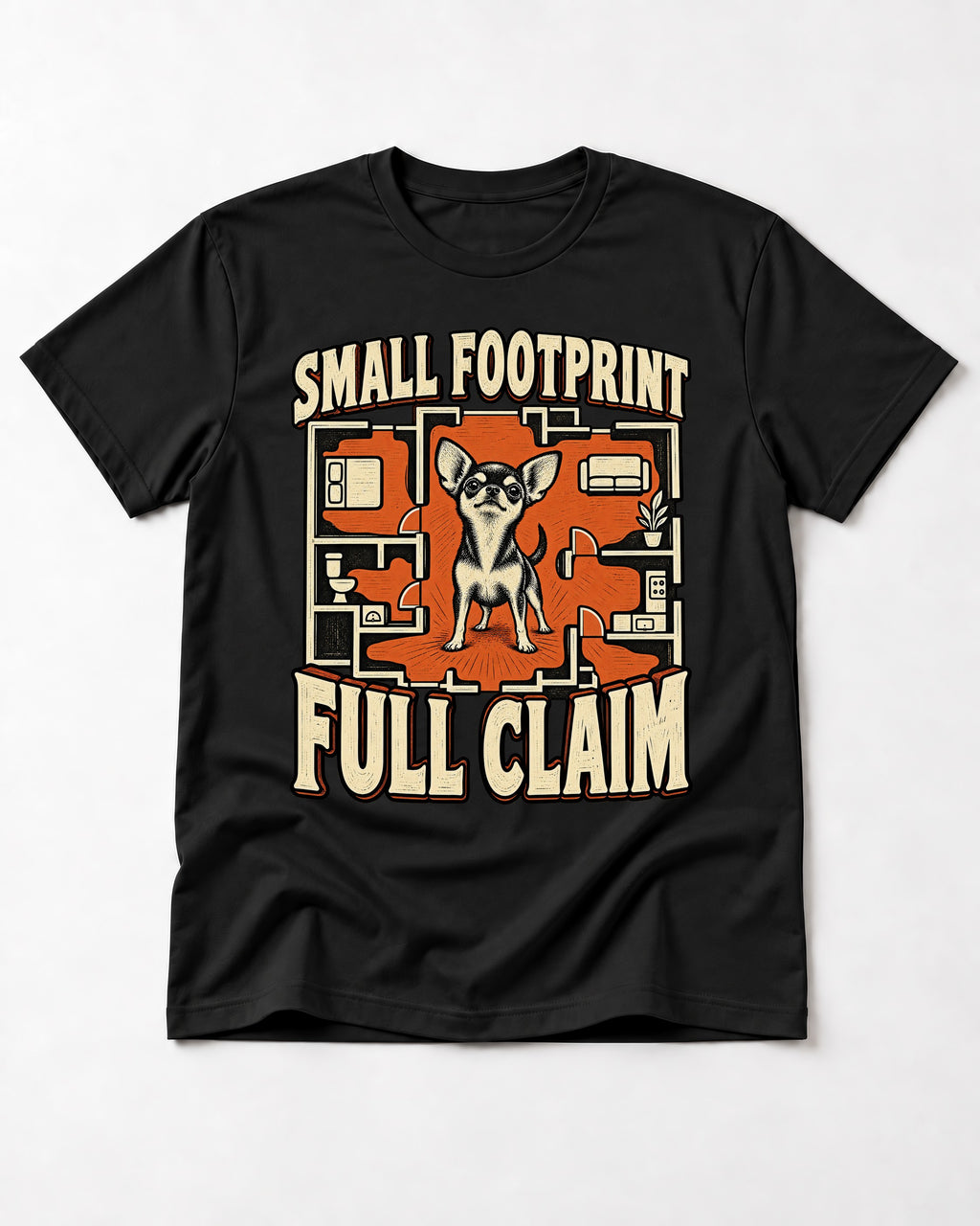 Chihuahua Small Footprint Full Claim Floor Plan Graphic T-Shirt in Black, flat lay product photo