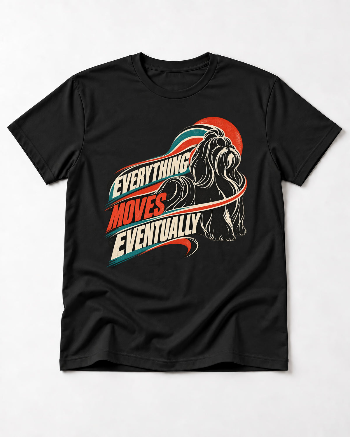 Shih Tzu Everything Moves Eventually Retro Speed Graphic T-Shirt in Black, flat lay product photo