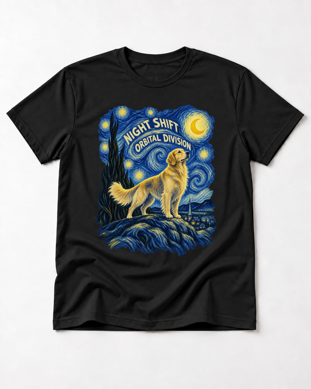 Night Shift Orbital Division Starry Night Golden Retriever Graphic T-Shirt in Black, flat lay product photo