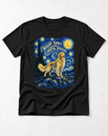 Night Shift Orbital Division Starry Night Golden Retriever Graphic T-Shirt in Black, flat lay product photo