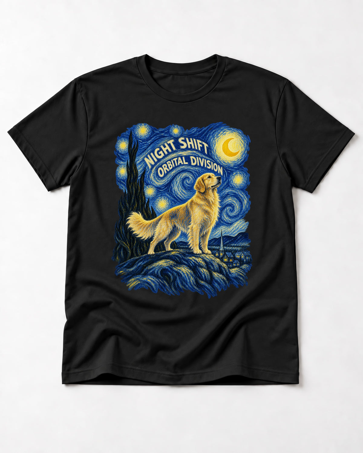 Night Shift Orbital Division Starry Night Golden Retriever Graphic T-Shirt in Black, flat lay product photo