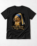 Pearls Before Small Talk Pearl Portrait Golden Retriever Graphic T-Shirt in Black, flat lay product photo