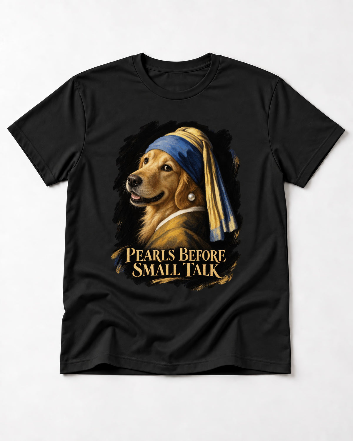 Pearls Before Small Talk Pearl Portrait Golden Retriever Graphic T-Shirt in Black, flat lay product photo