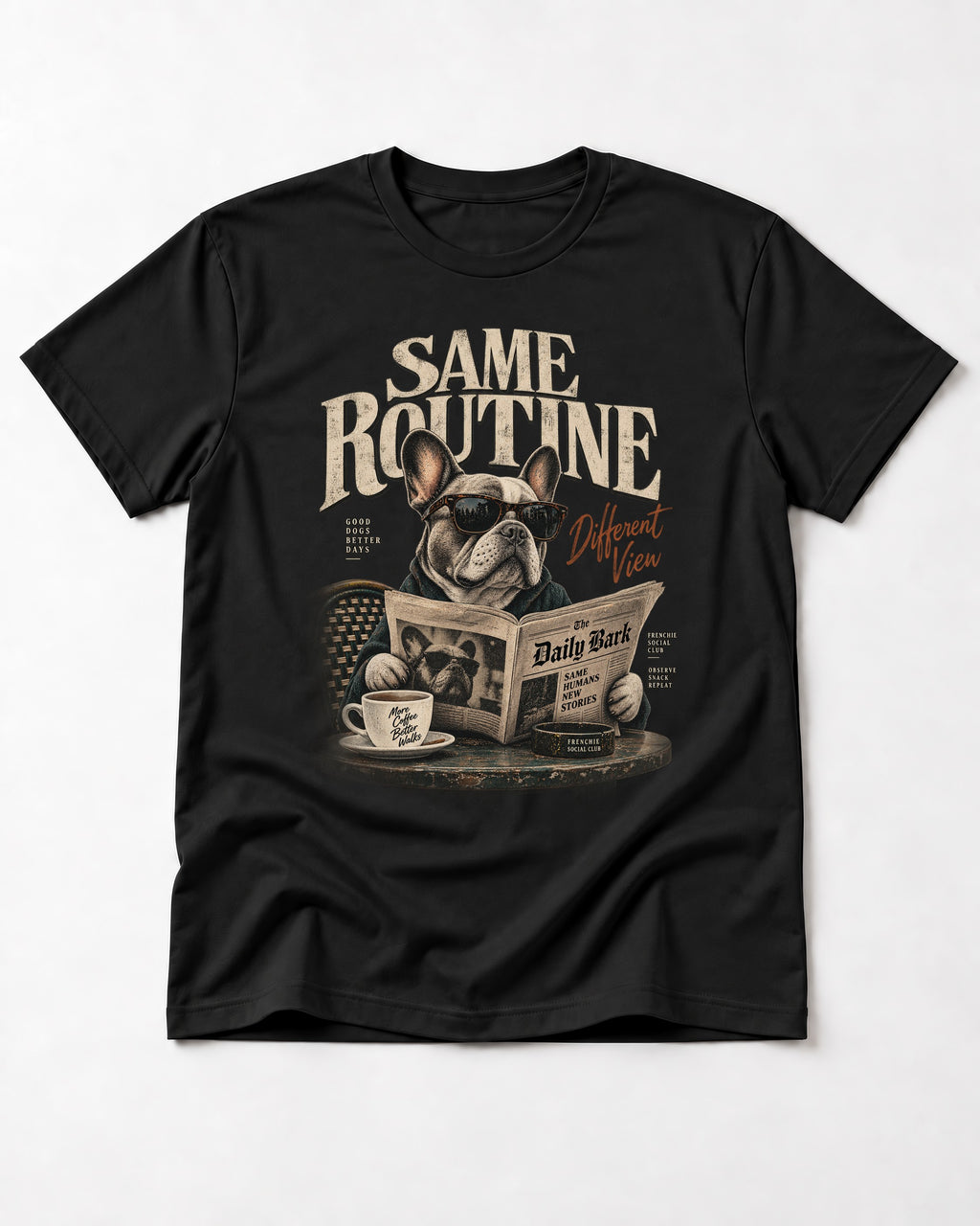 Frenchie Same Routine Different View Graphic T-Shirt in Black, flat lay product photo