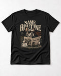 Frenchie Same Routine Different View Graphic T-Shirt in Black, flat lay product photo