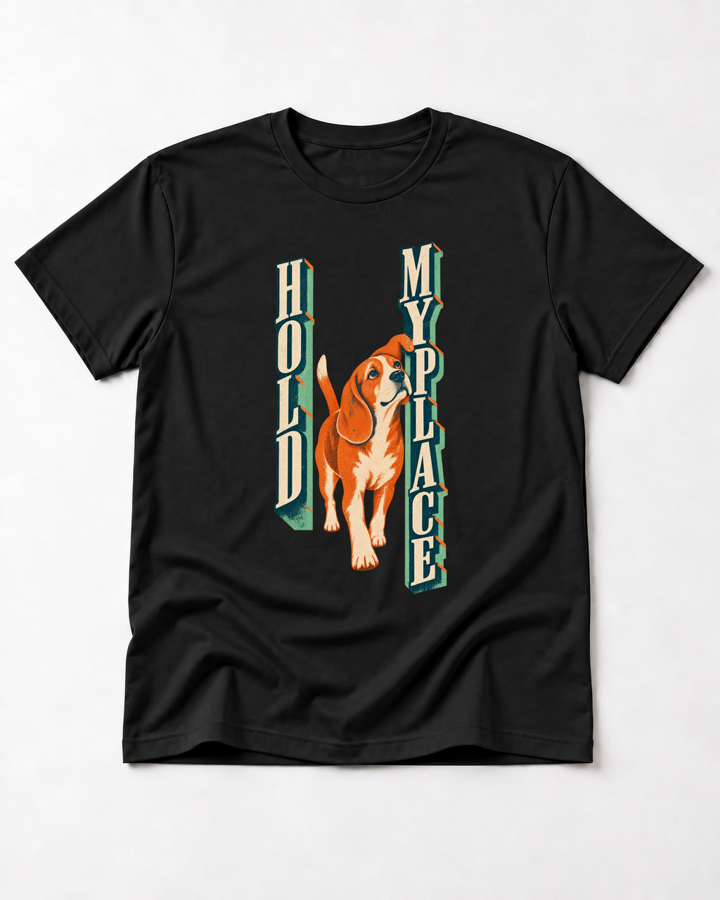 Vintage Beagle Hold My Place T-Shirt in Black, flat lay product photo