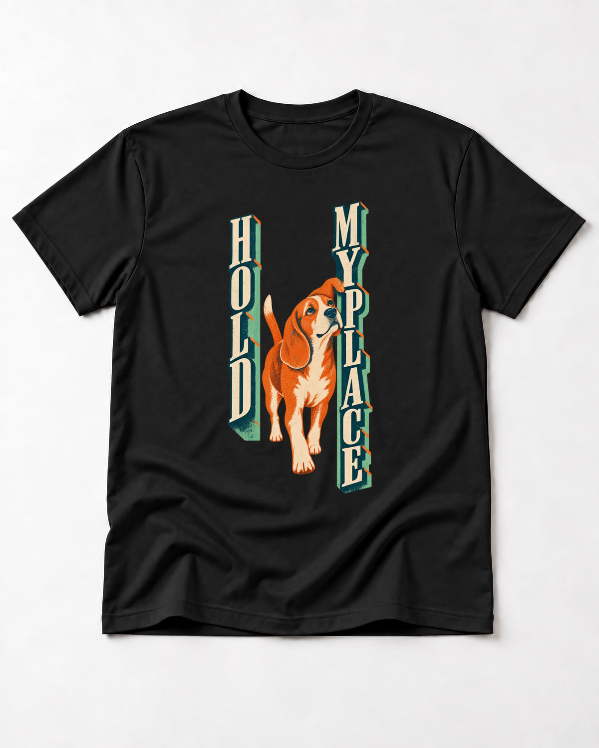 Vintage Beagle Hold My Place T-Shirt in Black, flat lay product photo