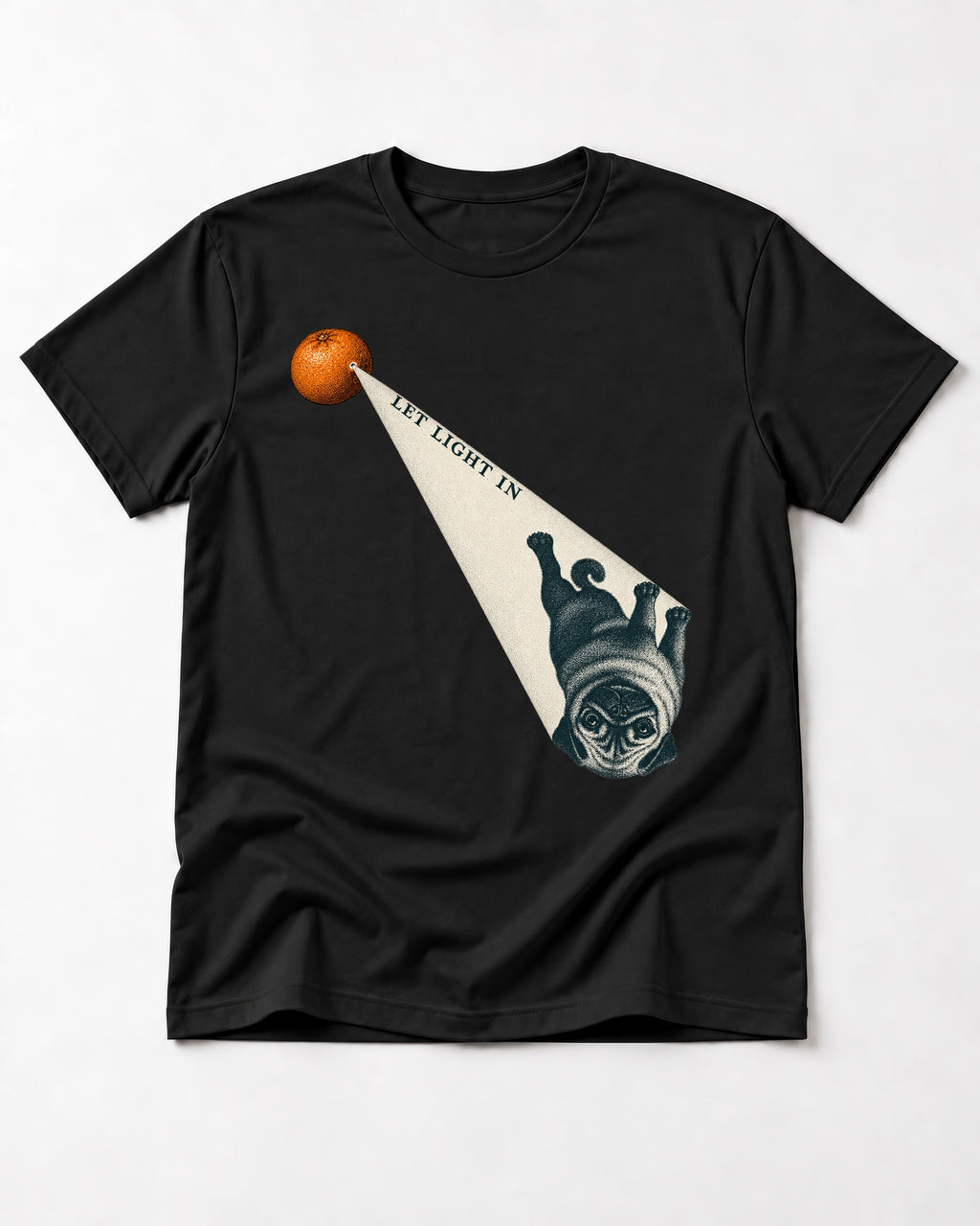 Pug Let Light In Camera Obscura Graphic T-Shirt in Black, flat lay product photo