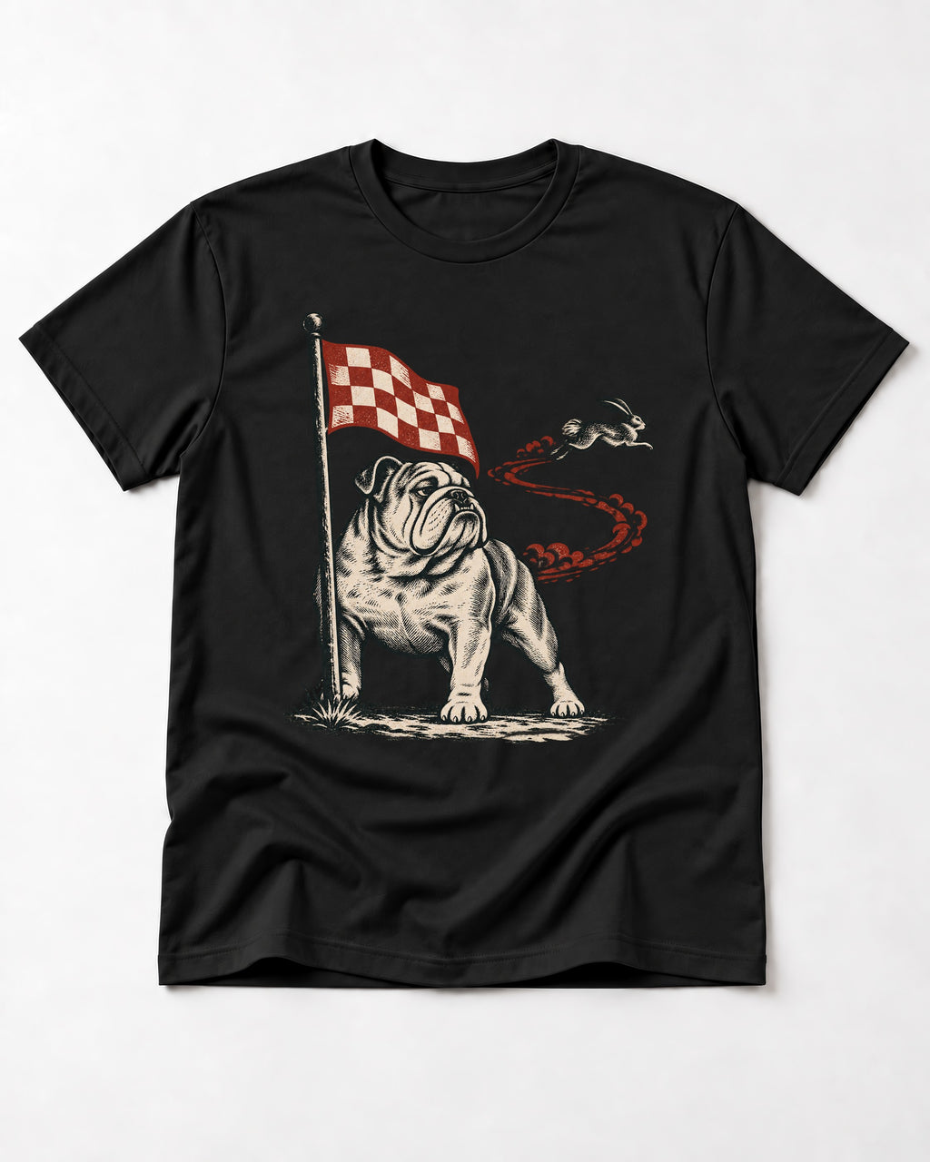 English Bulldog Checkered Flag Rabbit Chase T-Shirt in Black, flat lay product photo