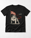 English Bulldog Checkered Flag Rabbit Chase T-Shirt in Black, flat lay product photo