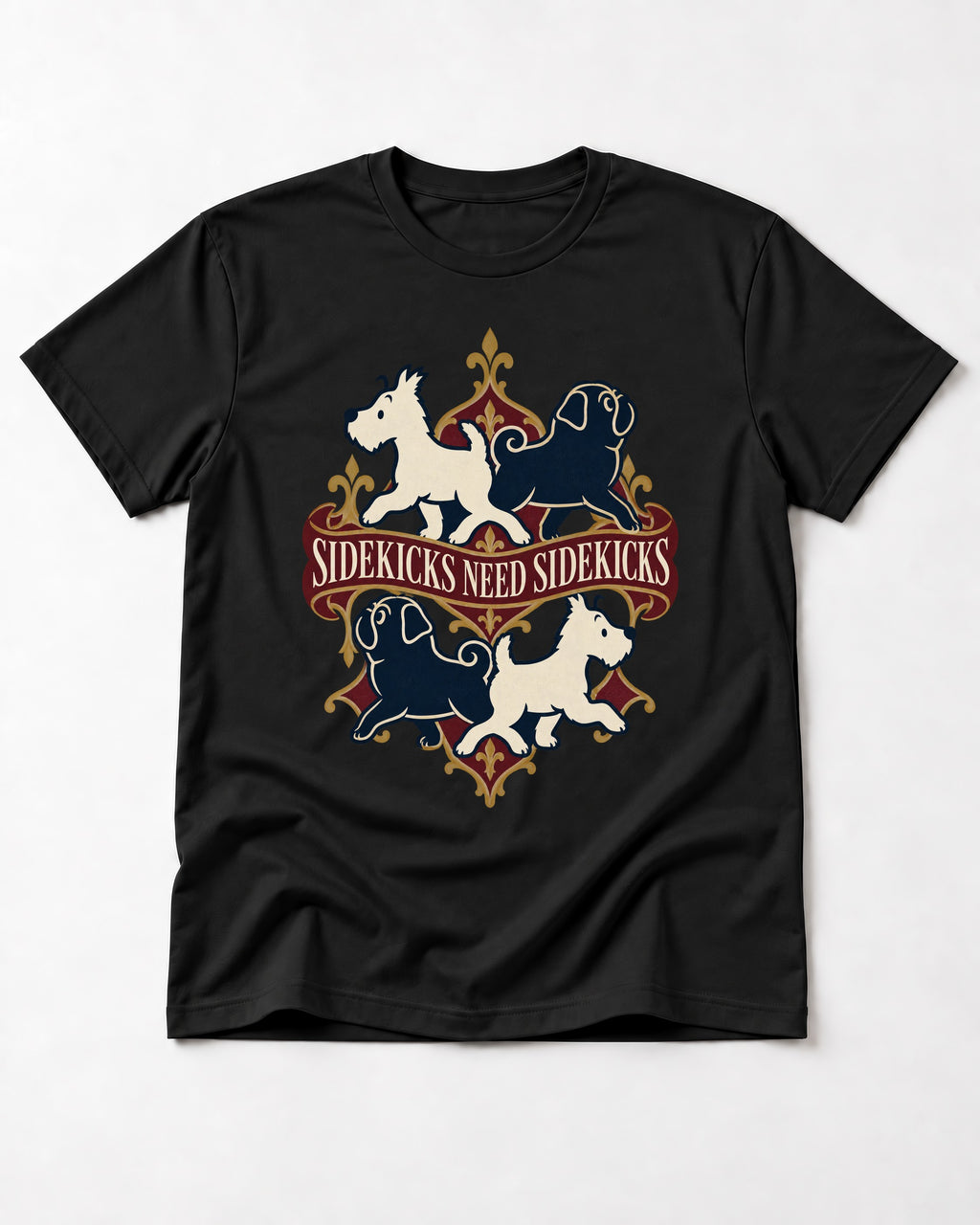 Pug Sidekicks Need Sidekicks Heraldic Graphic T-Shirt in Black, flat lay product photo