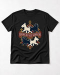 Pug Sidekicks Need Sidekicks Heraldic Graphic T-Shirt in Black, flat lay product photo