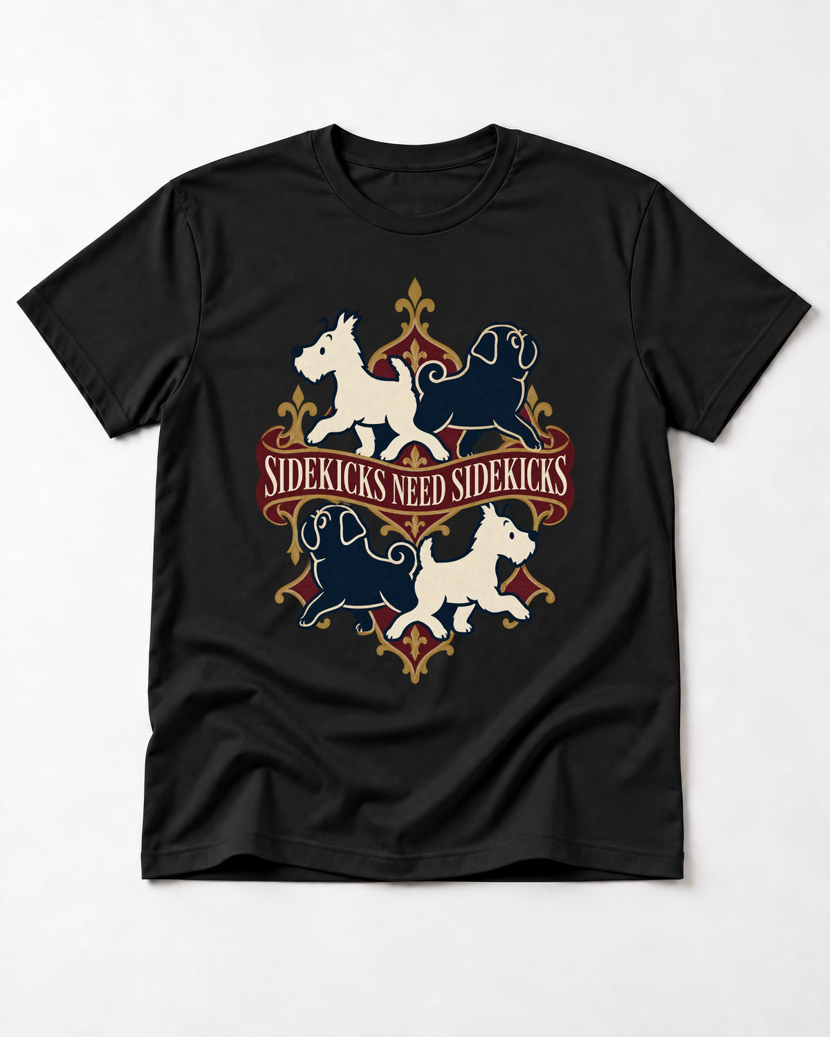 Pug Sidekicks Need Sidekicks Heraldic Graphic T-Shirt in Black, flat lay product photo