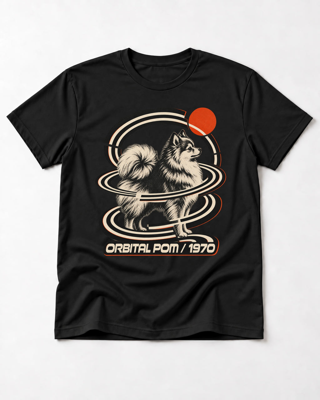Pomeranian Orbital Pom 1970 Space Age Graphic T-Shirt in Black, flat lay product photo