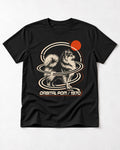 Pomeranian Orbital Pom 1970 Space Age Graphic T-Shirt in Black, flat lay product photo