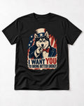 Husky I Want You to Bring Better Energy Patriotic Poster Graphic T-Shirt in Black, flat lay product photo