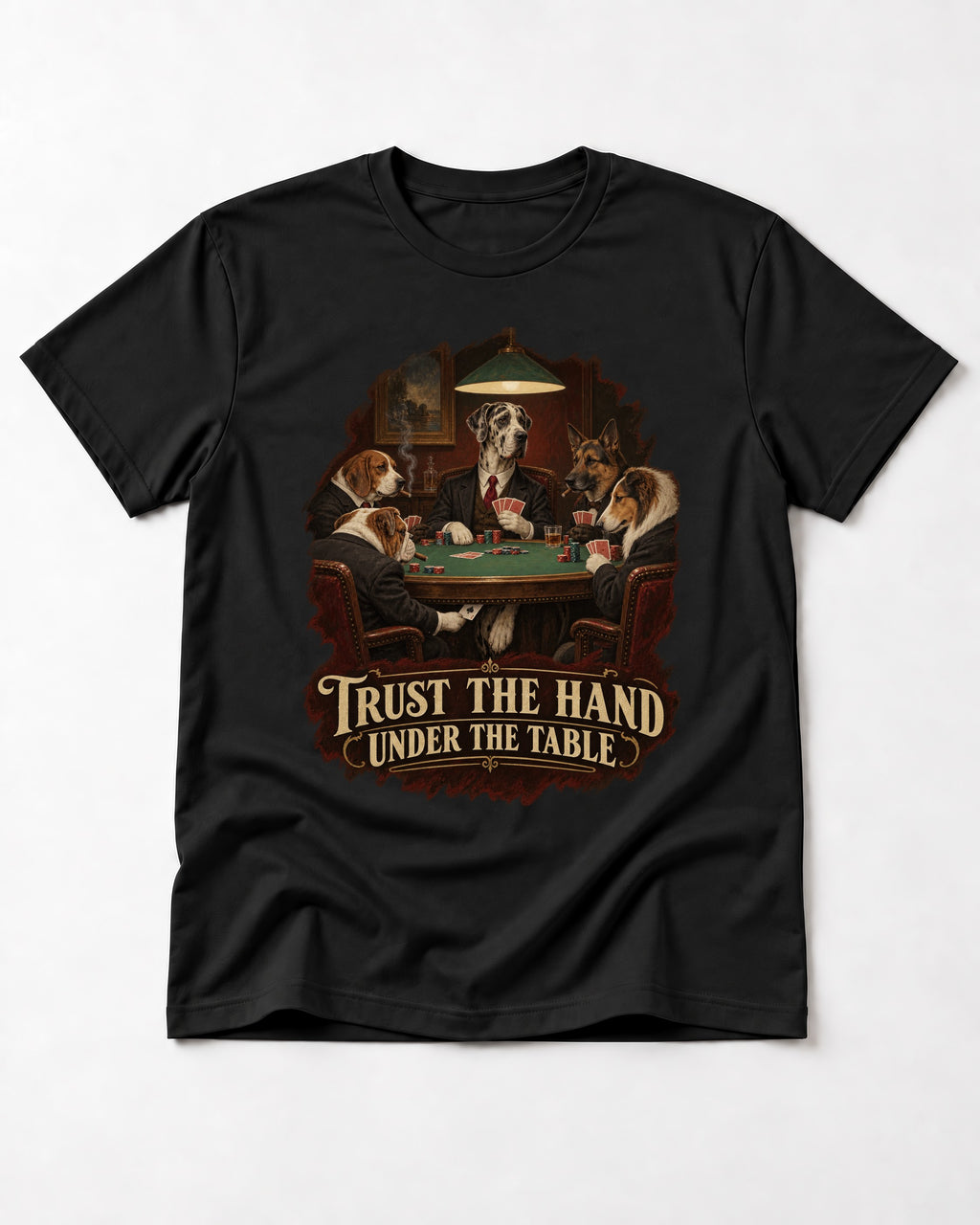 Great Dane Trust the Hand Under the Table Poker Graphic T-Shirt in Black, flat lay product photo