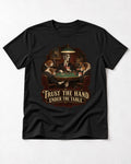Great Dane Trust the Hand Under the Table Poker Graphic T-Shirt in Black, flat lay product photo
