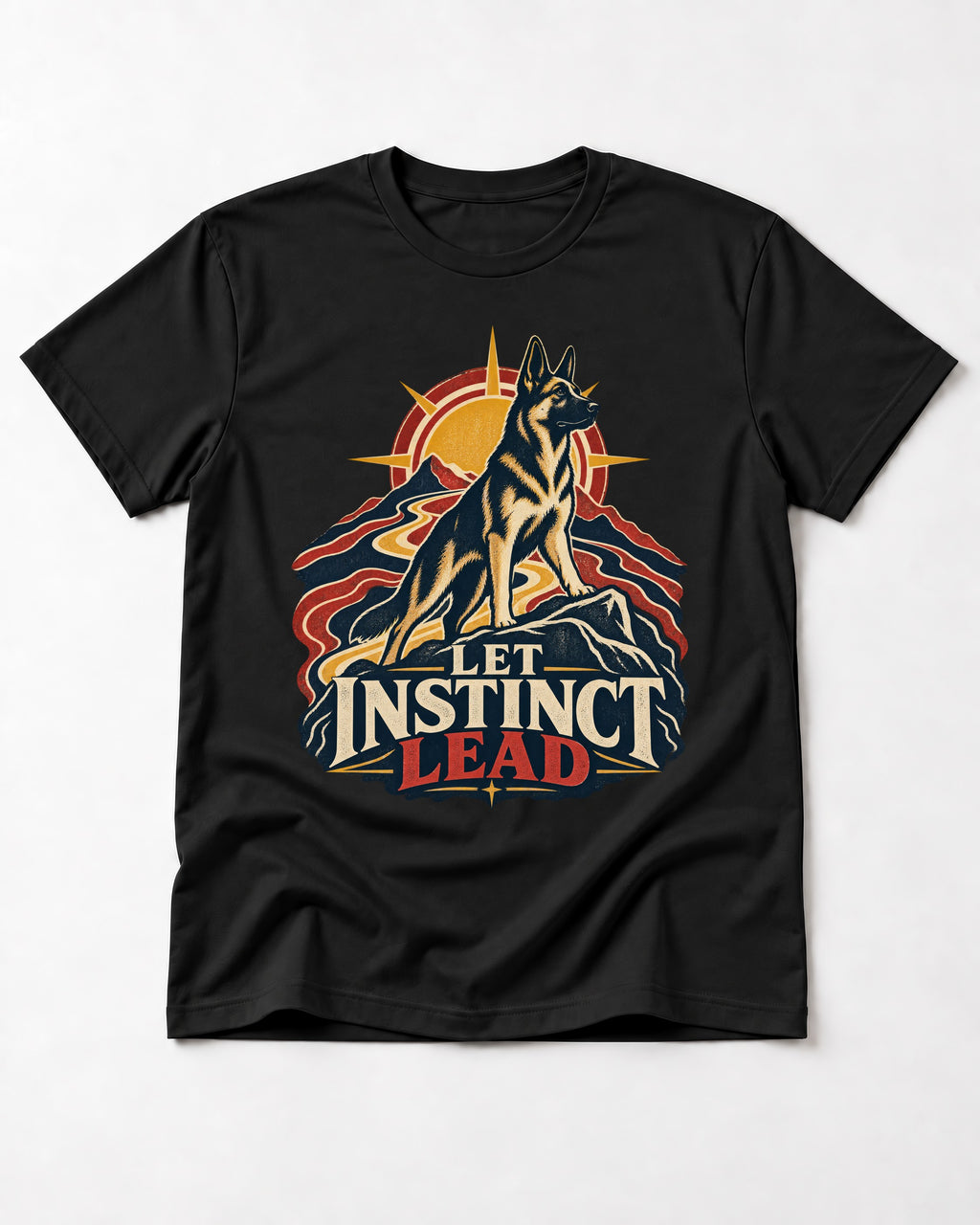 Let Instinct Lead Sunrise German Shepherd Dog Graphic T-Shirt in Black, flat lay product photo