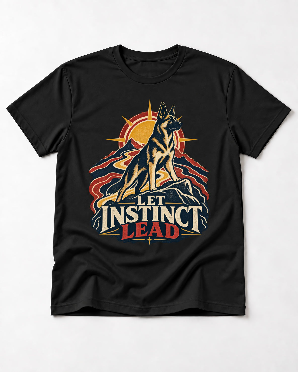 Let Instinct Lead Sunrise German Shepherd Dog Graphic T-Shirt in Black, flat lay product photo