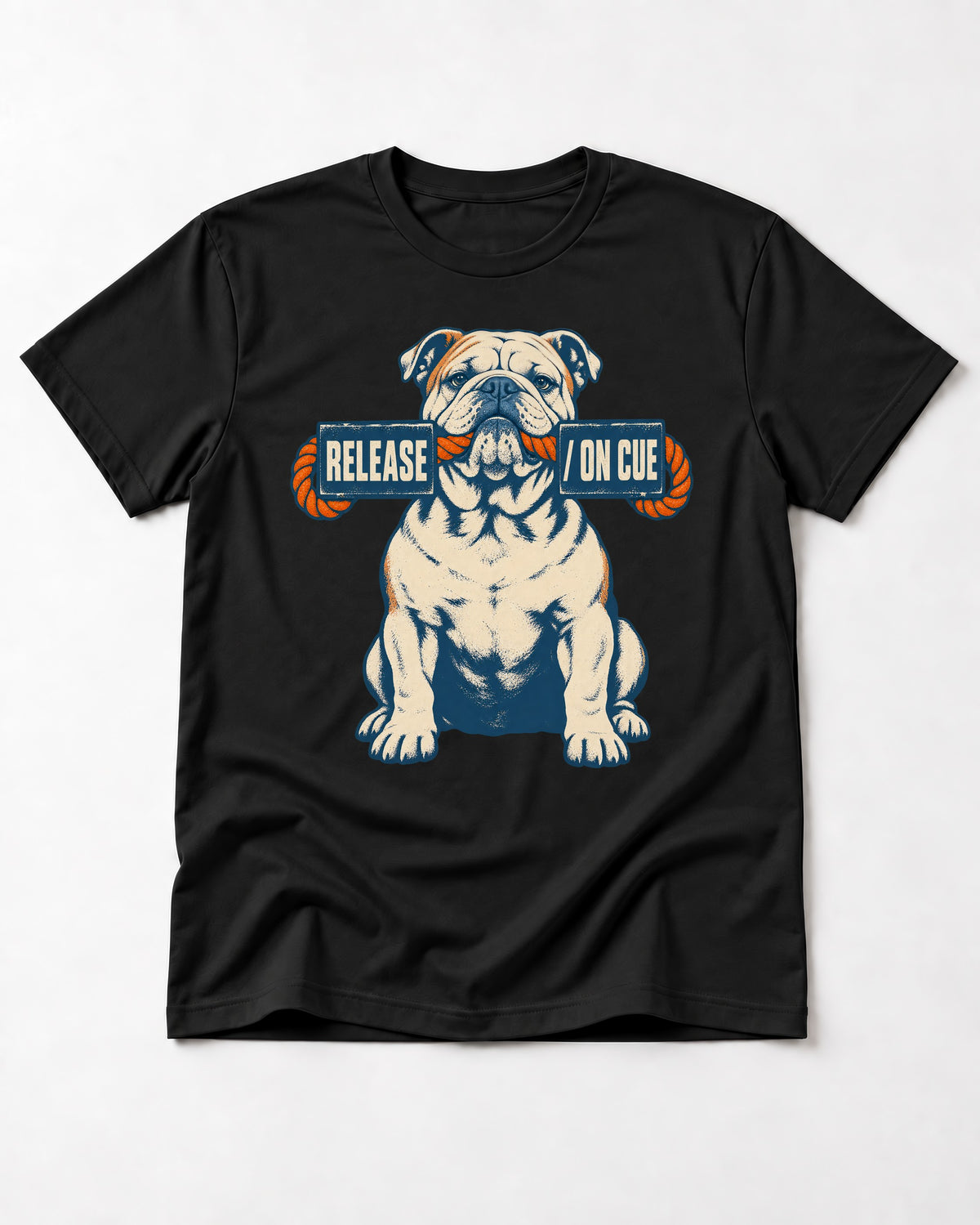 English Bulldog Release on Cue Rope Sign Graphic T-Shirt in Black, flat lay product photo