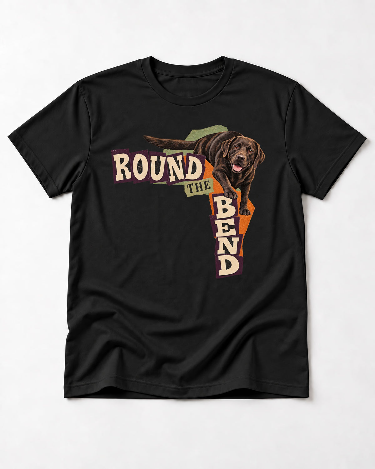 Labrador Retriever Round the Bend Collage Graphic T-Shirt in Black, flat lay product photo