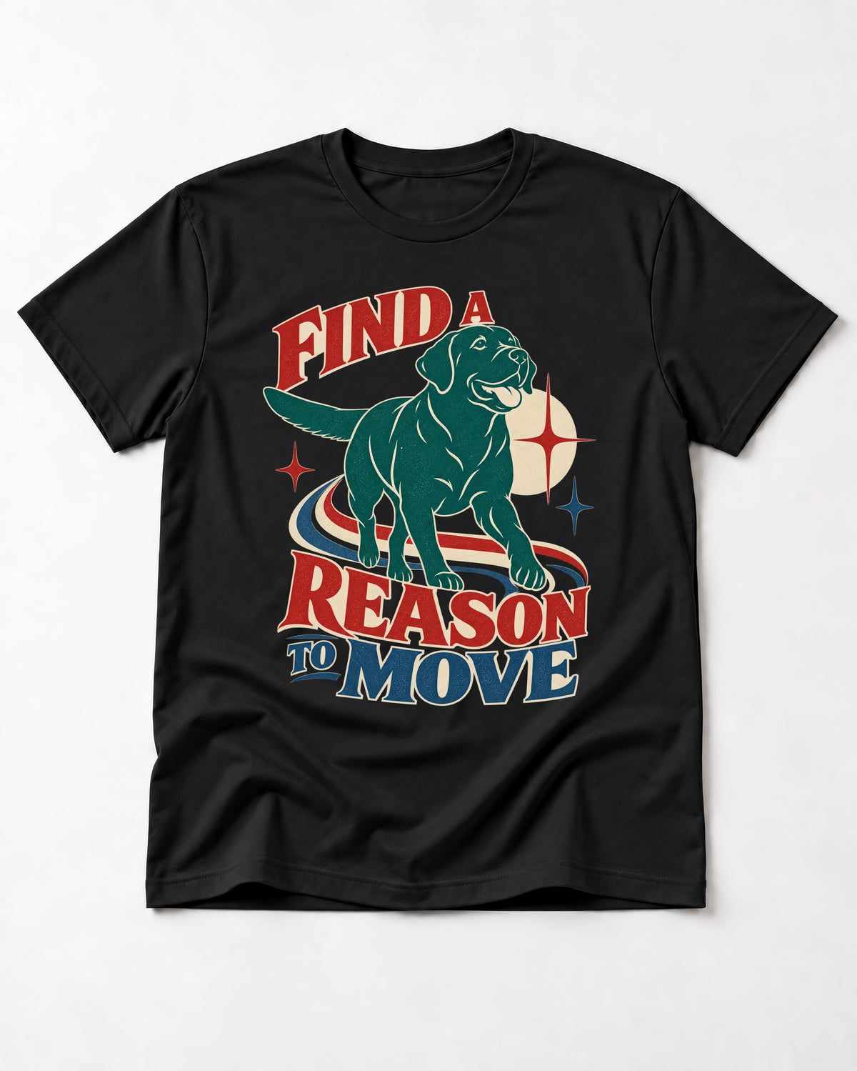 Labrador Retriever Find a Reason to Move Retro Dog Graphic T-Shirt in Black, flat lay product photo