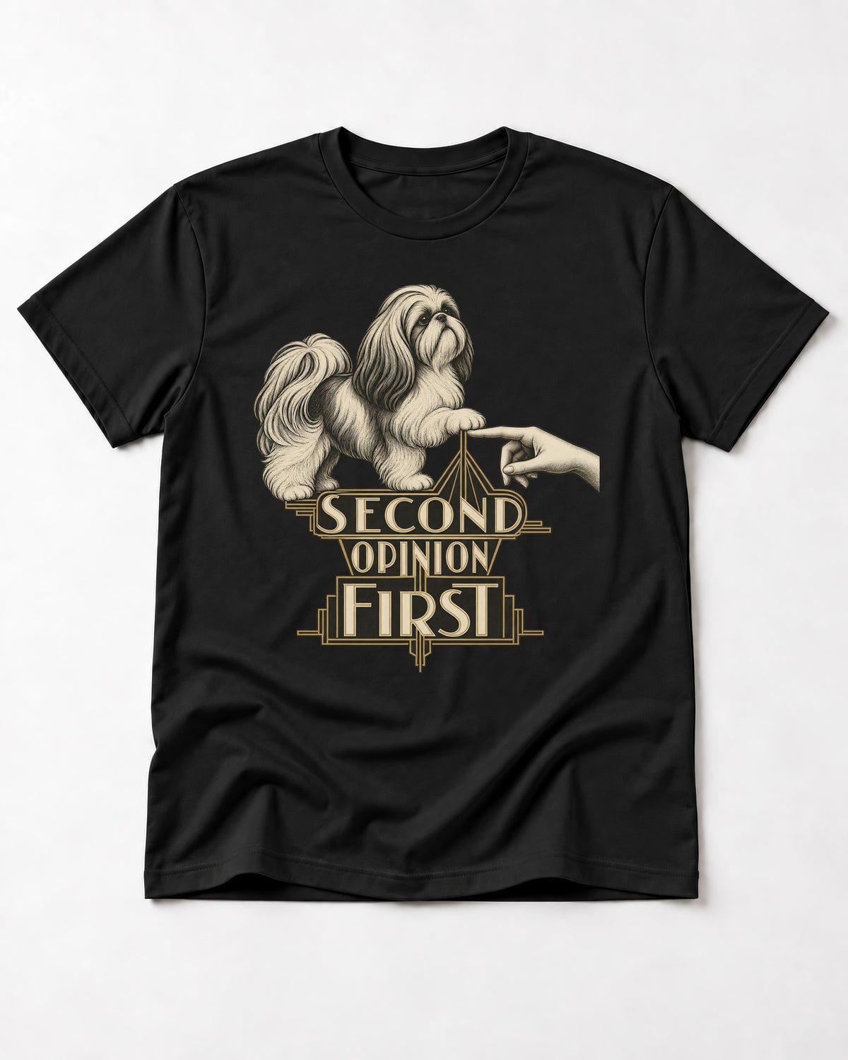 Shih Tzu Second Opinion First Art Deco Graphic T-Shirt in Black, flat lay product photo